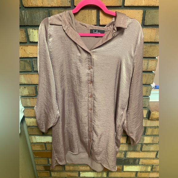Lulu's Shimmering Rose Gold Oversized Button Down Shirt - Picture 1 of 4